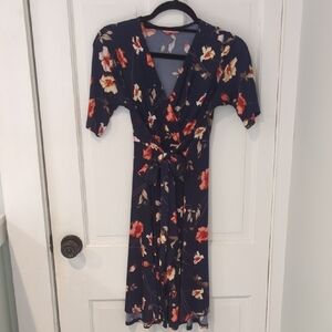 Hello MIZ Dark Blue Floral Wrap Midi Dress